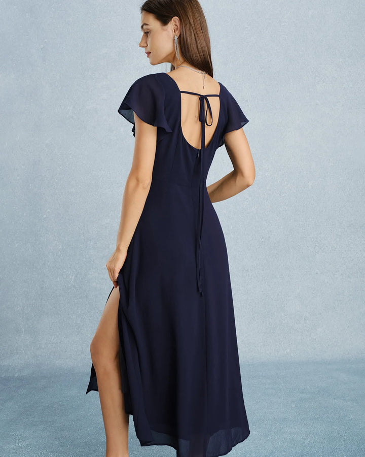 Navy blue flutter sleeve maxi dress on model, alternate view