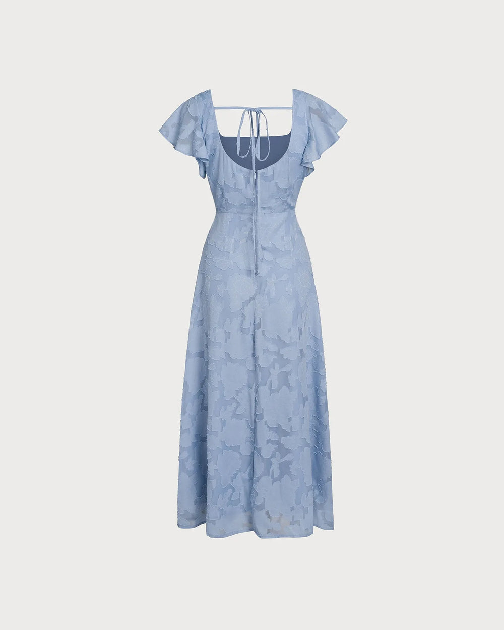 Close-up detail of flutter sleeves and fabric on a blue midi dress