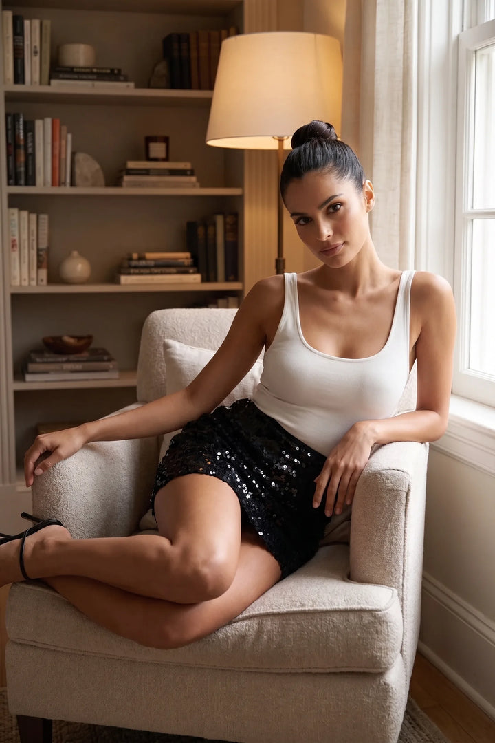 Model wearing black sequin scallop-hem mini dress in outdoor lifestyle setting
