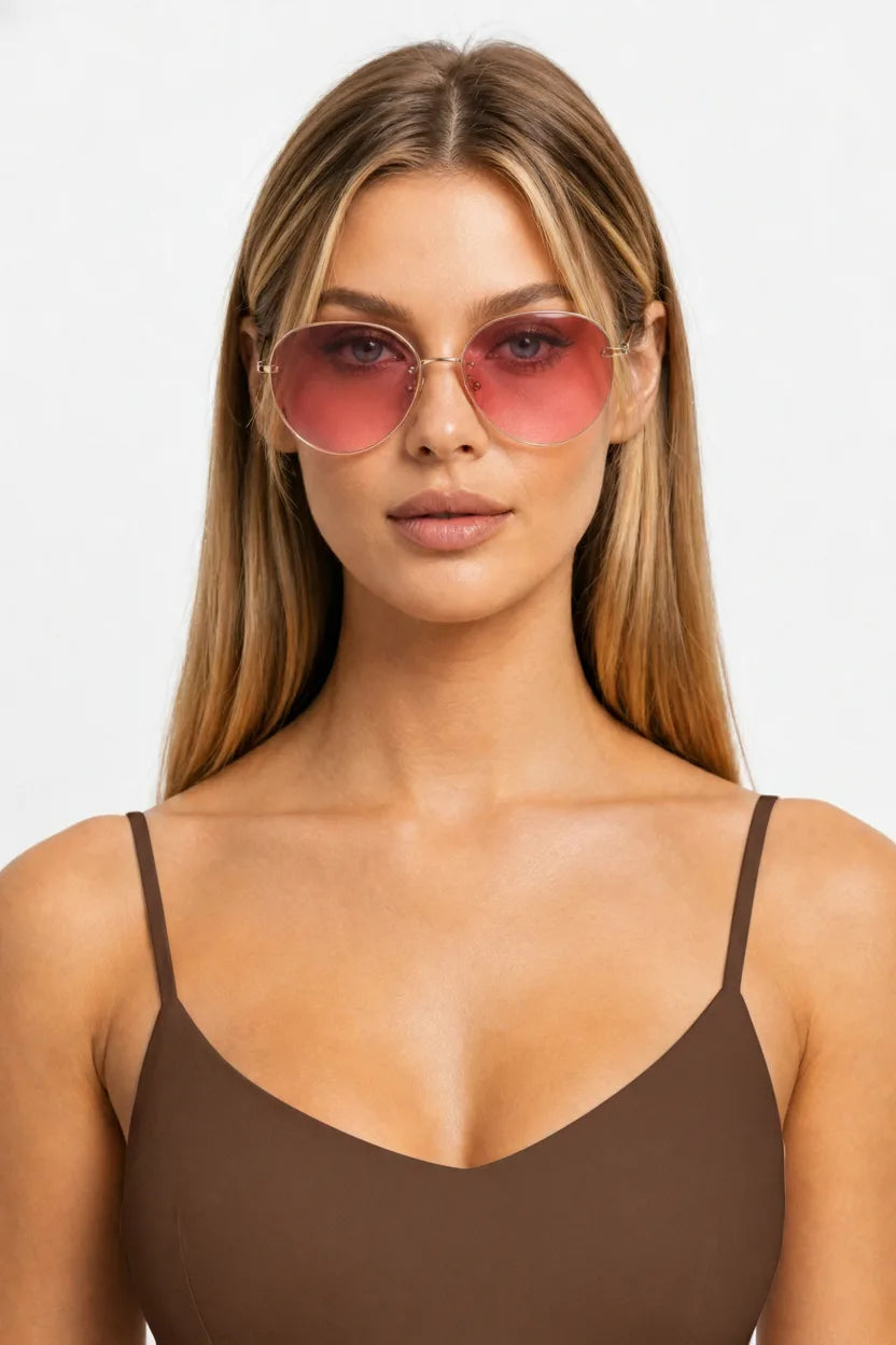 Model wearing oversized octagonal rimless sunglasses in brown, front-facing close-up