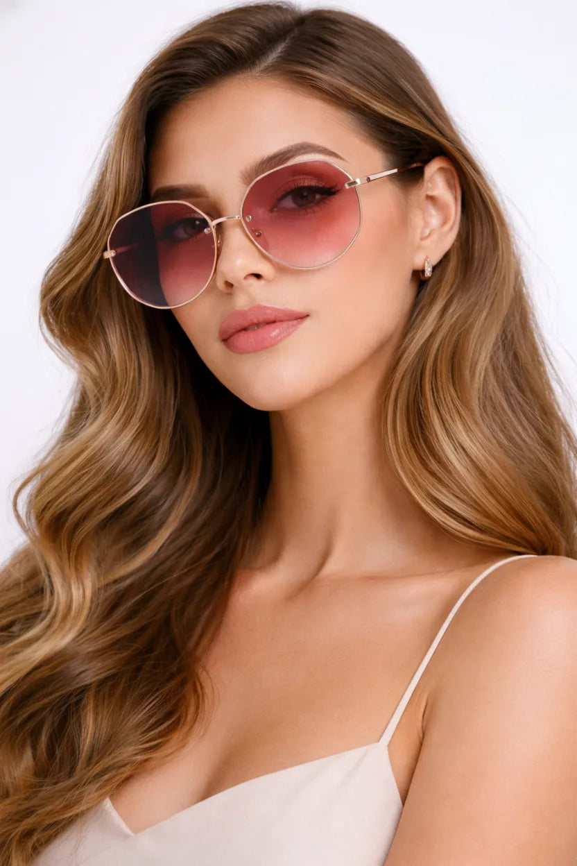 Oversized octagonal rimless sunglasses in pink, flat product view