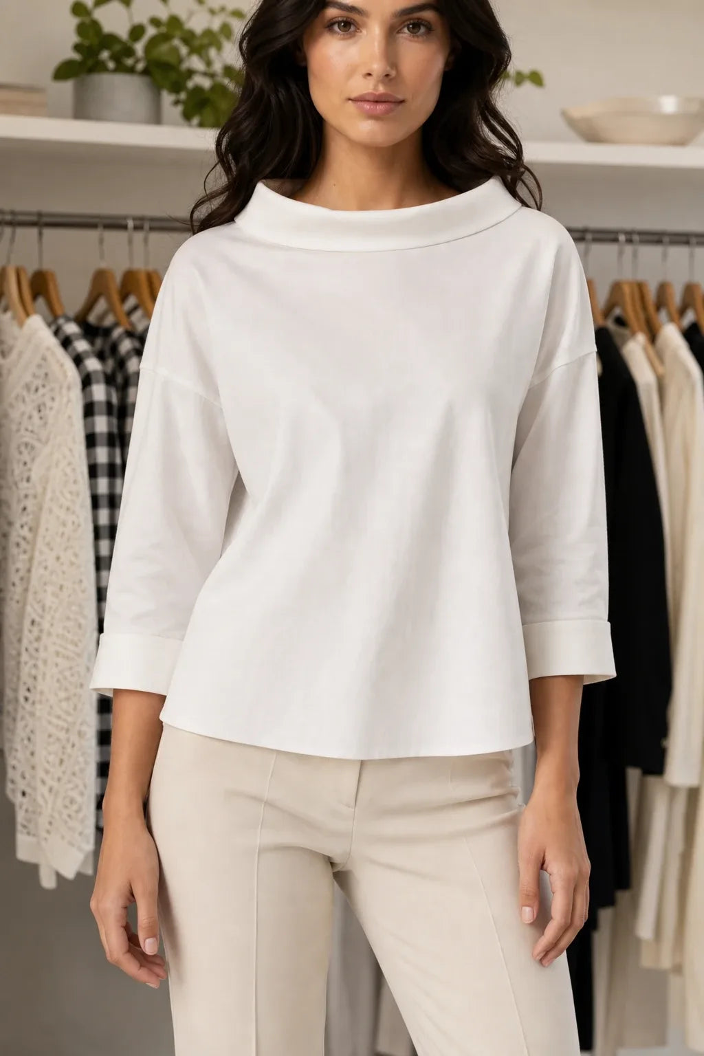 White boat neck relaxed top on model in contrapposto stance