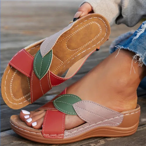Pink low wedge braided slide sandal, styled view