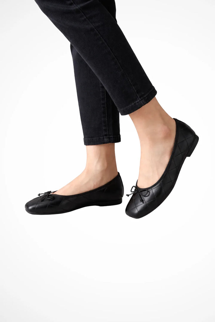 Quilted square toe ballet flat in black, front view