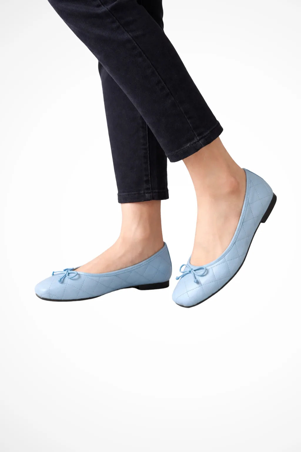 Quilted square toe ballet flat in blue, front view