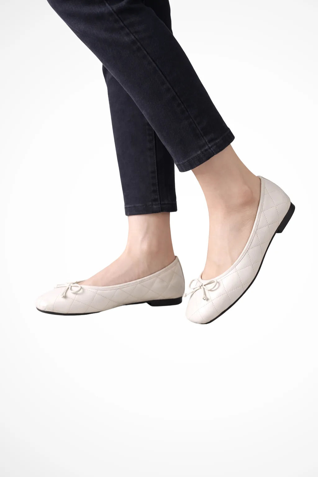 Quilted square toe ballet flat in white, front view