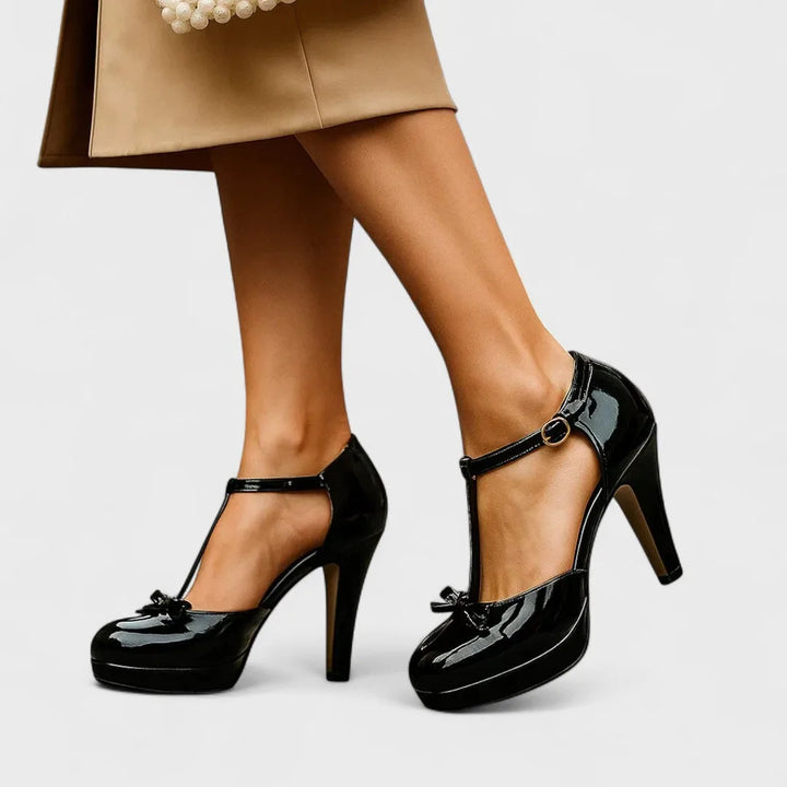Black t-strap platform pump with chunky heel and platform sole