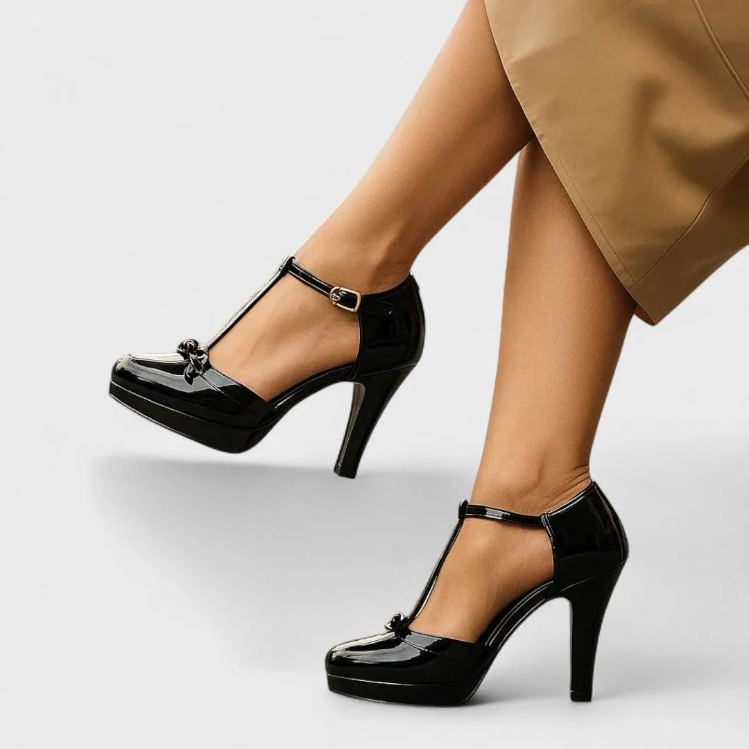 Pink t-strap platform pump shown from overhead angle