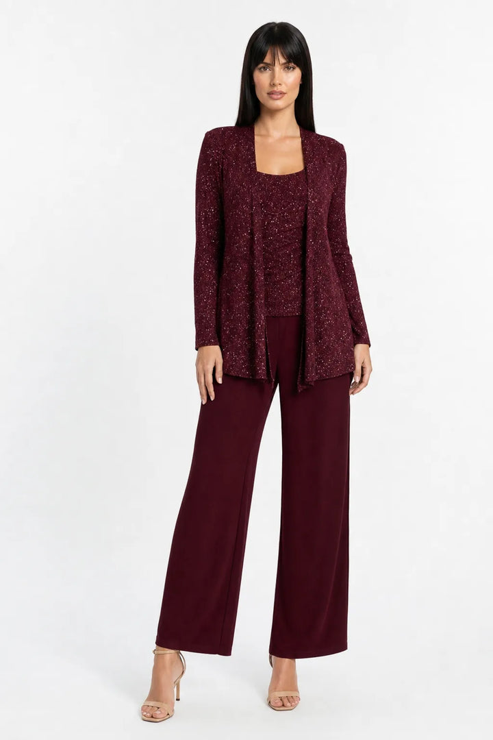 Burgundy sequin lace three-piece set on model in contrapposto stance