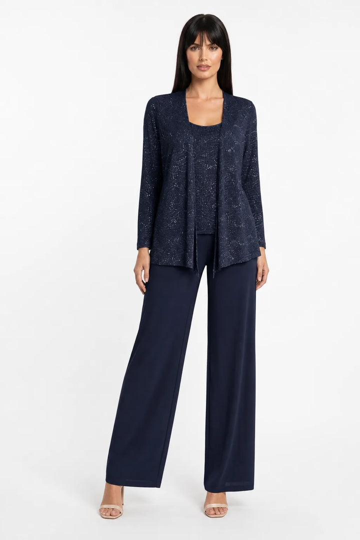 Navy blue sequin lace three-piece set on model in contrapposto stance