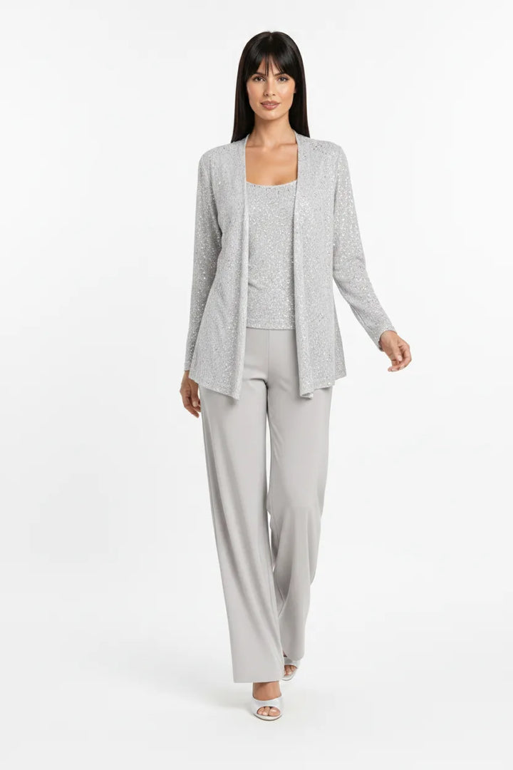 Silver sequin lace three-piece set on model in natural movement