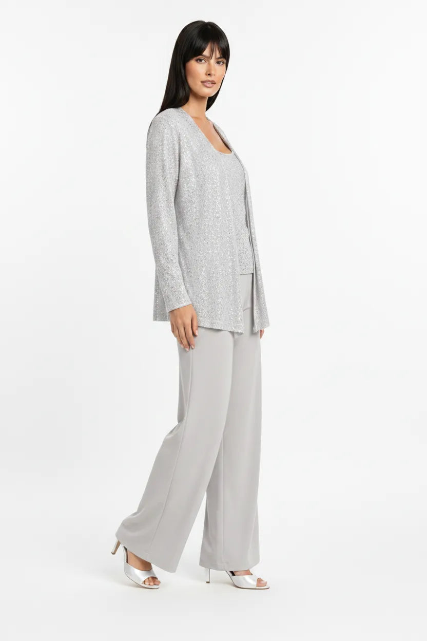 Silver sequin lace three-piece set on model in three-quarter turn