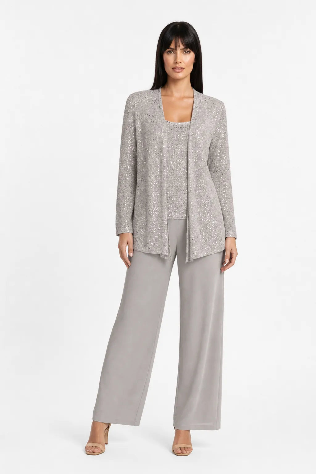 Taupe sequin lace three-piece set on model in contrapposto stance