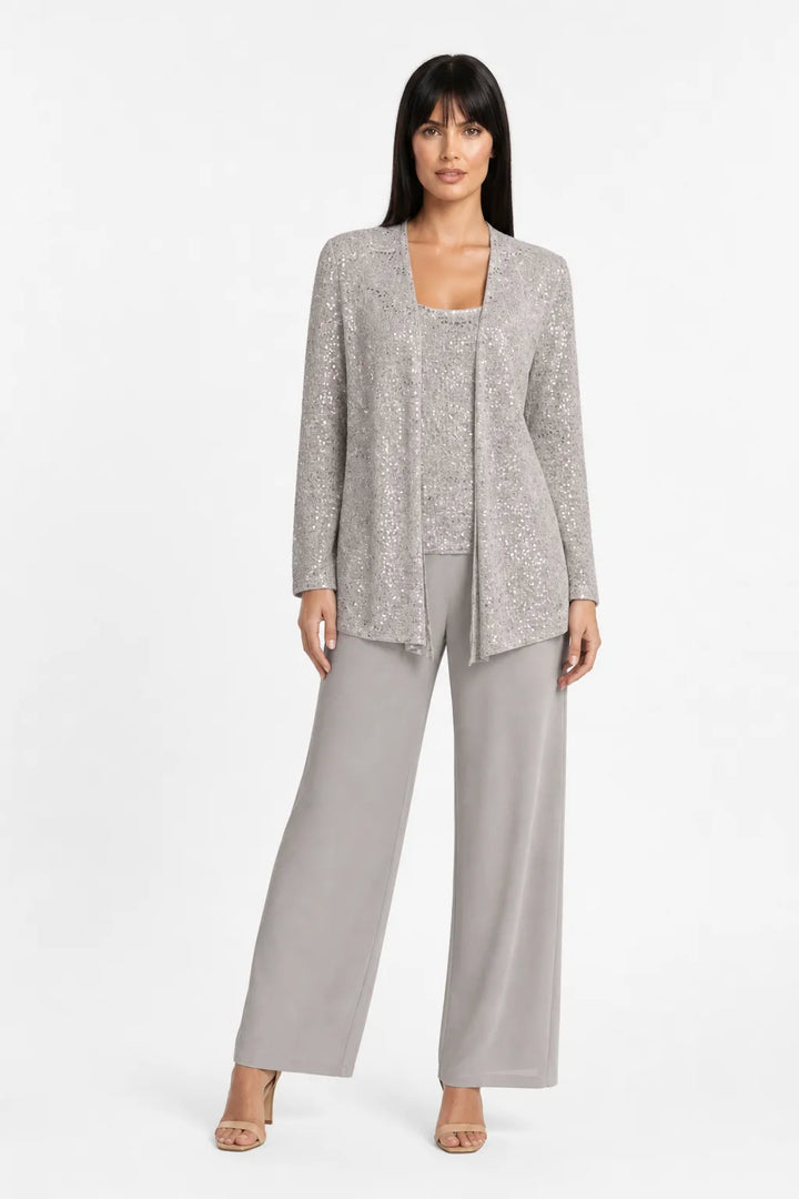 Taupe sequin lace three-piece set on model in contrapposto stance