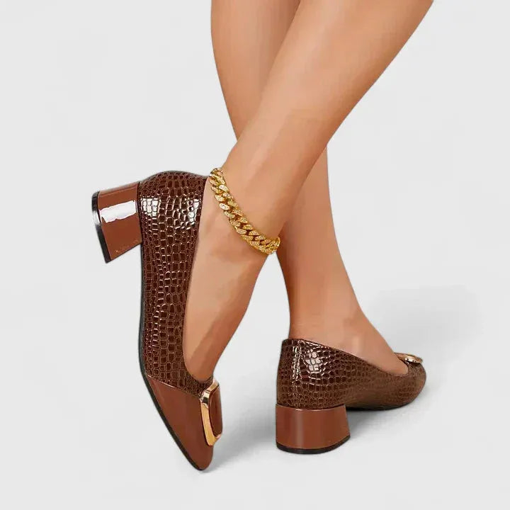 Brown croc-embossed block heel pump, front view