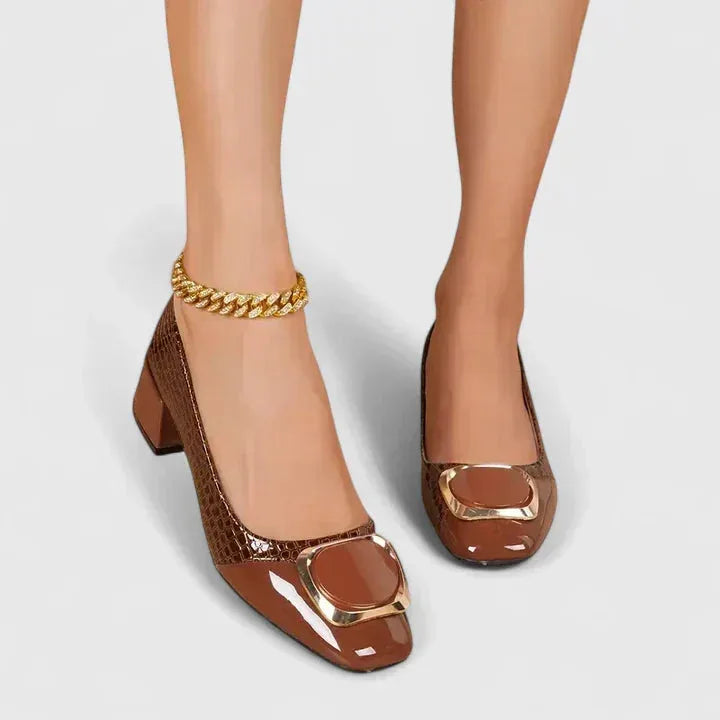 Brown croc-embossed block heel pump, alternate view