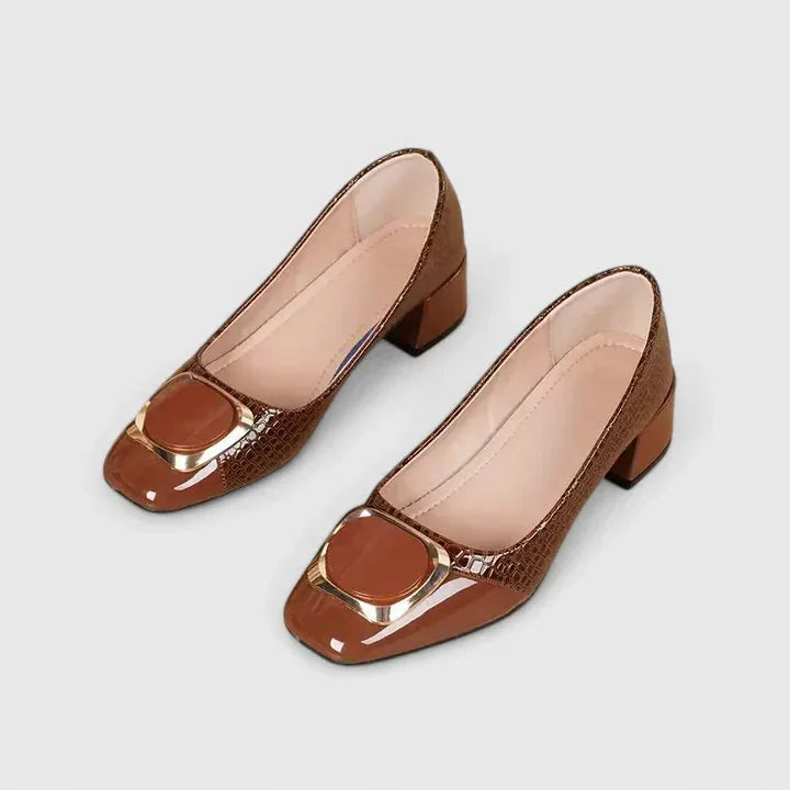 Brown croc-embossed block heel pump, additional view