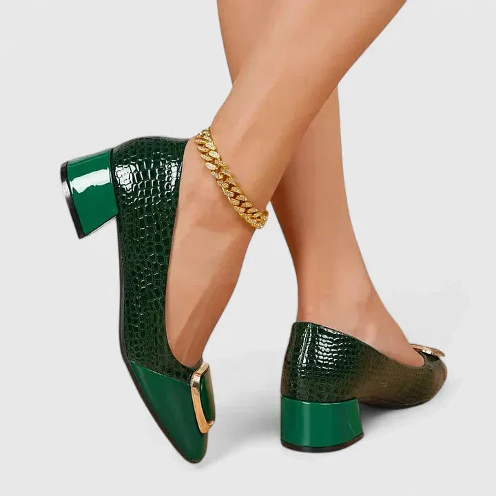 Green croc-embossed block heel pump, three-quarter view