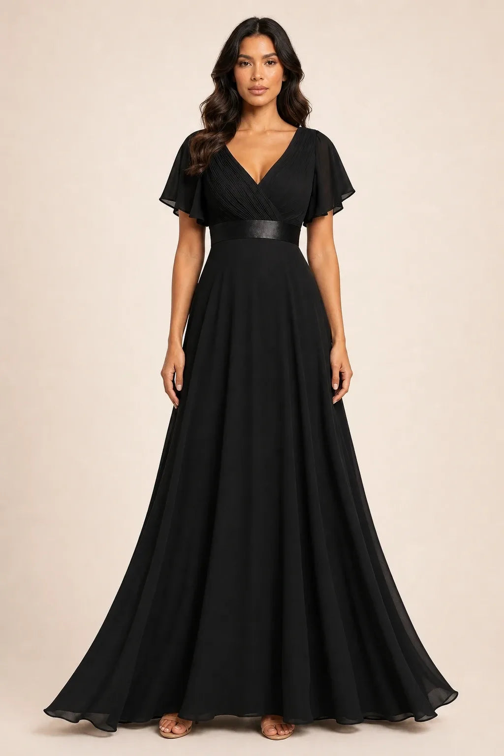 Black flutter sleeve maxi dress on model in contrapposto stance
