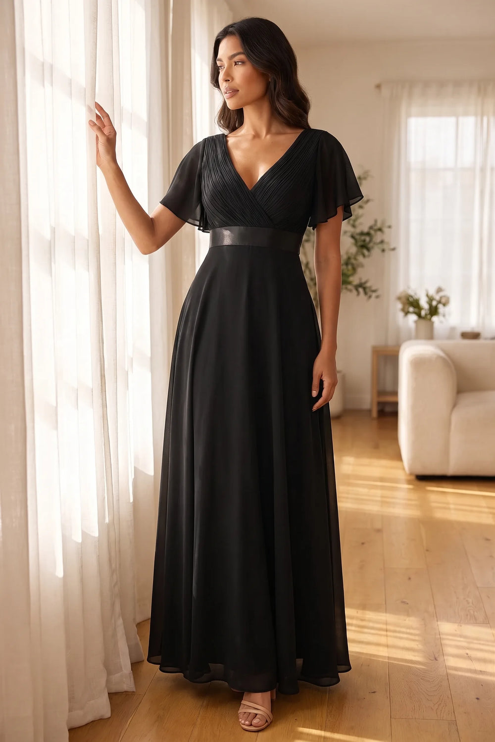 Model wearing black flutter sleeve maxi dress in lifestyle setting