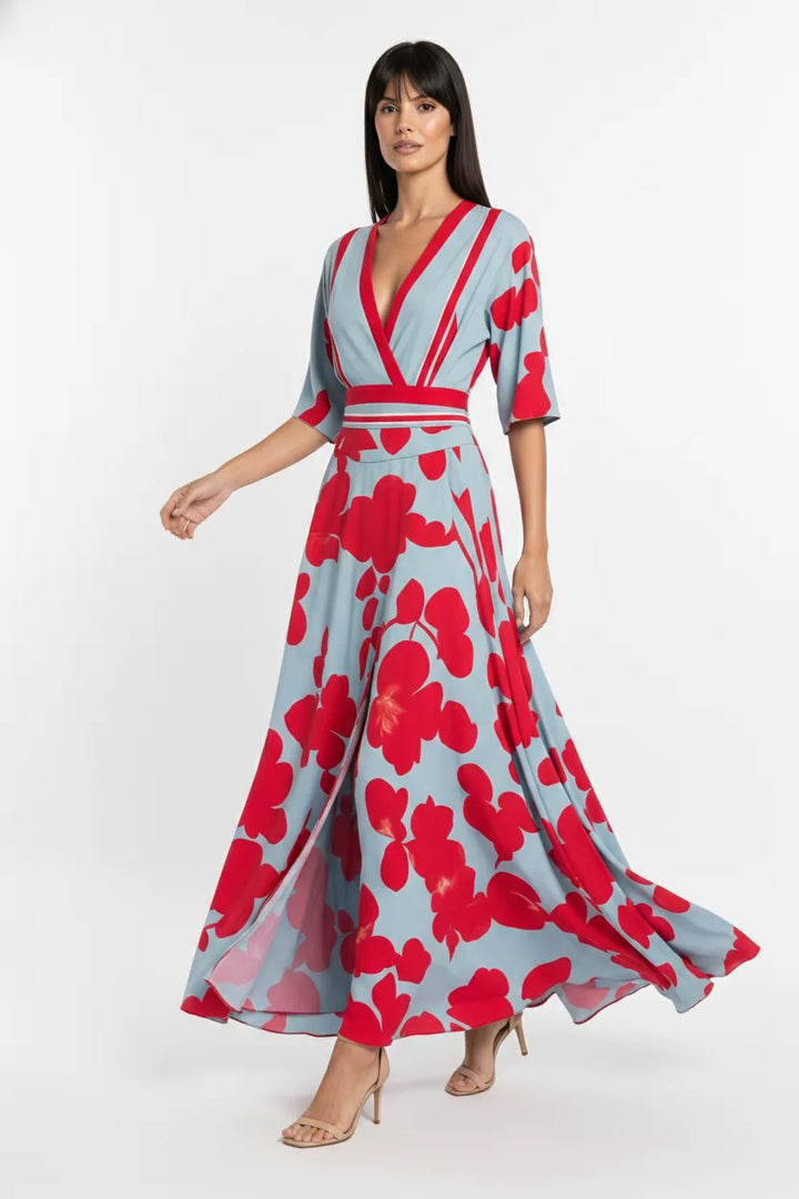 Red floral wrap maxi dress on a model in natural movement
