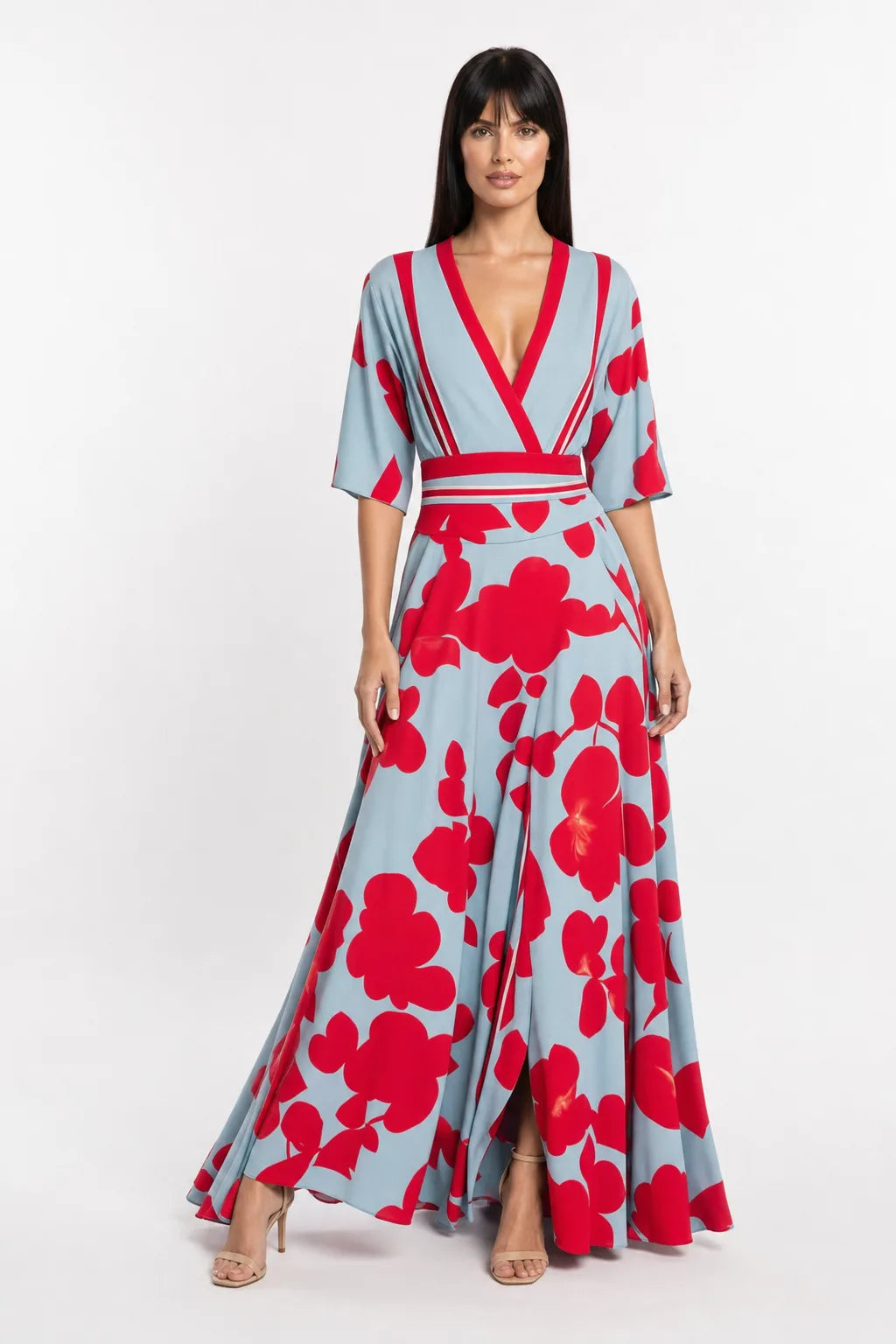 Red floral wrap maxi dress on a model in a contrapposto stance