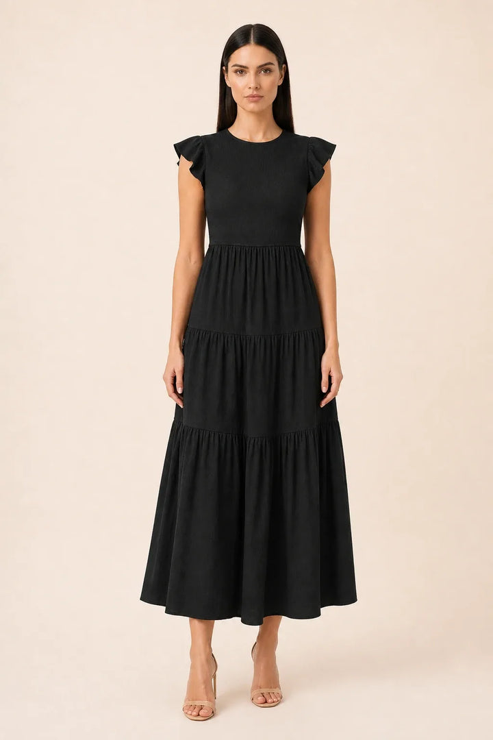 Smocked Bodice Flutter Sleeve Tiered Midi Dress for Women, Shirred Fit with Tiered Skirt, Wedding Guest, Graduation, Cocktail, Black / L