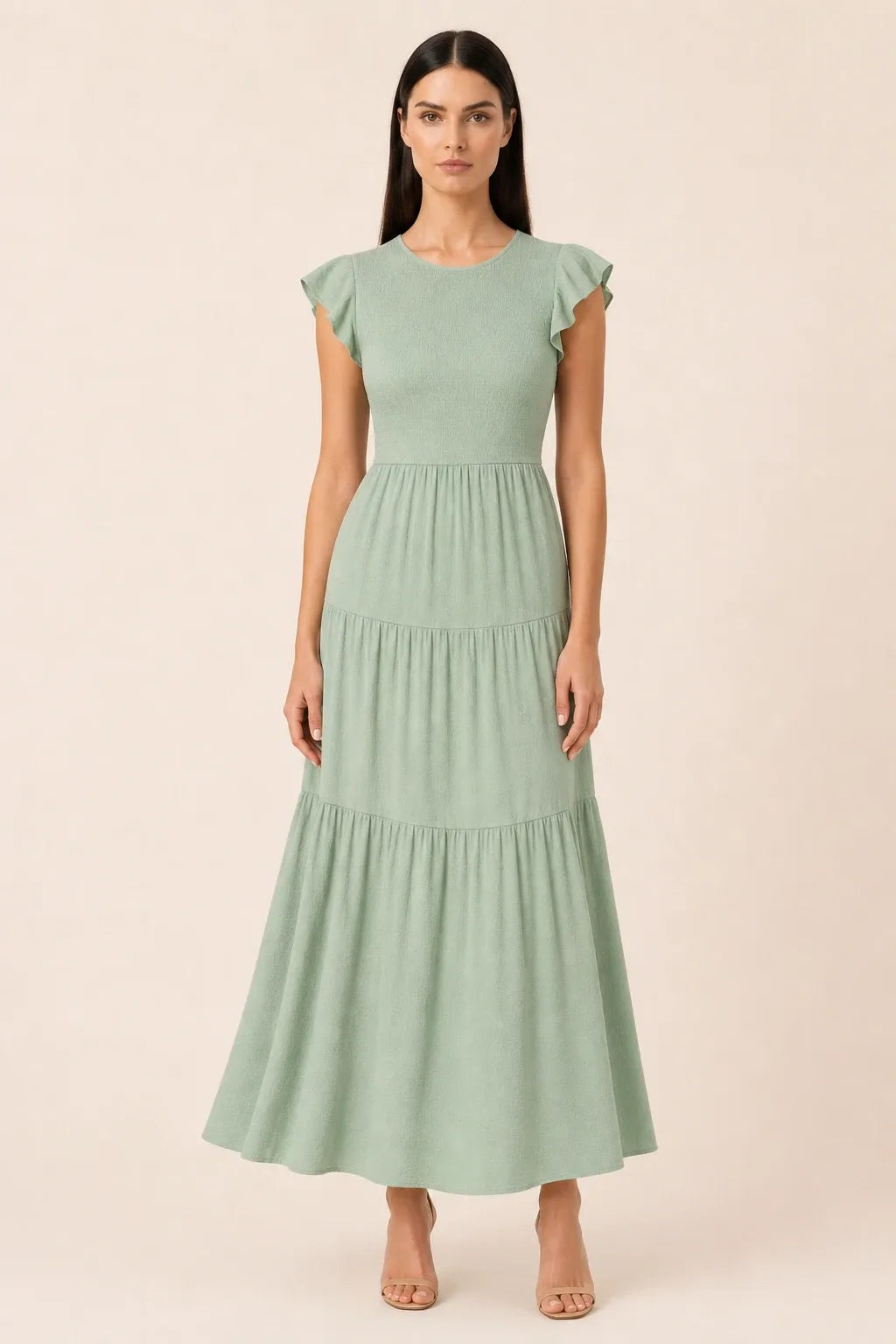 Smocked Bodice Flutter Sleeve Tiered Midi Dress for Women, Shirred Fit with Tiered Skirt, Wedding Guest, Graduation, Cocktail, Light Green / S