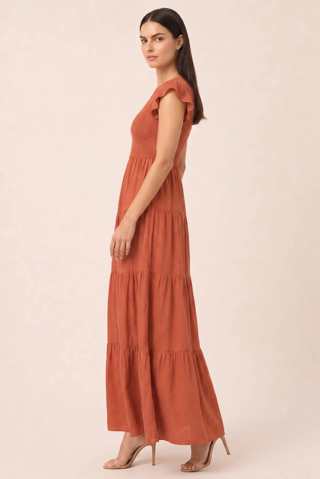 Smocked Bodice Flutter Sleeve Tiered Midi Dress for Women, Shirred Fit with Tiered Skirt, Wedding Guest, Graduation, Cocktail, Orange / S