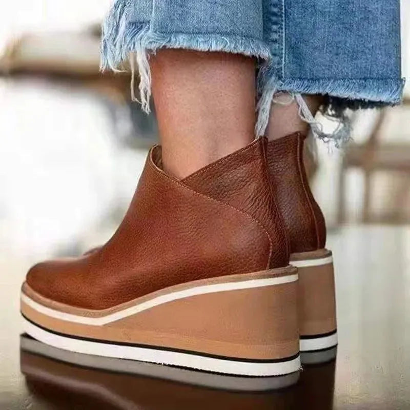 Khaki wedge platform ankle boot, close-up detail view