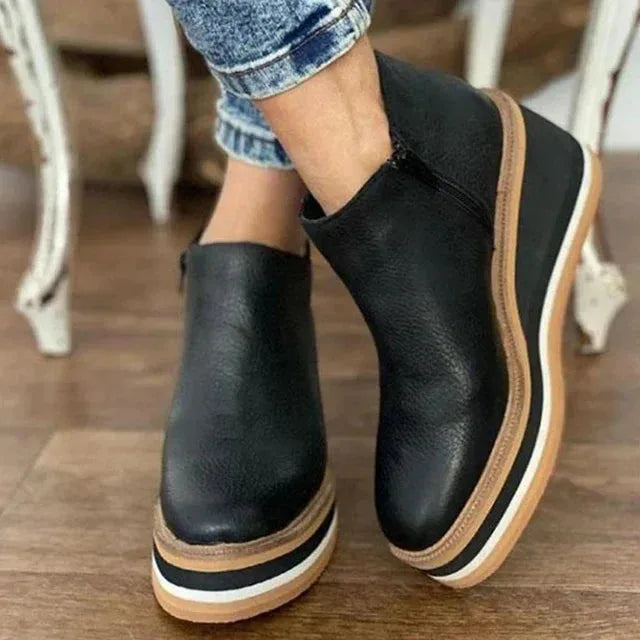 Khaki wedge platform ankle boot, side profile view
