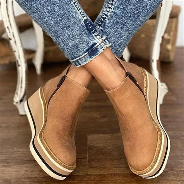 Khaki wedge platform ankle boot, three-quarter angle view