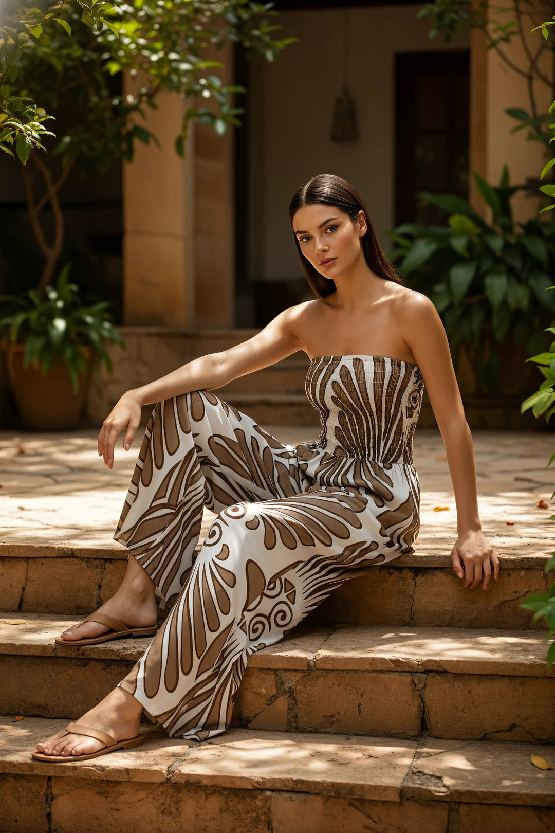 Model wearing brown smocked print jumpsuit in outdoor lifestyle setting