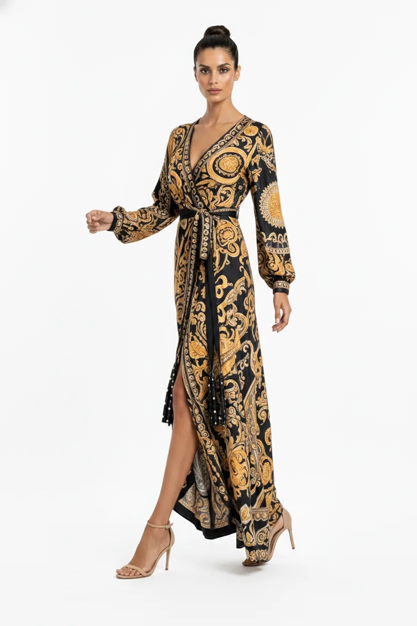 Golden yellow baroque-print wrap maxi dress on model in natural movement