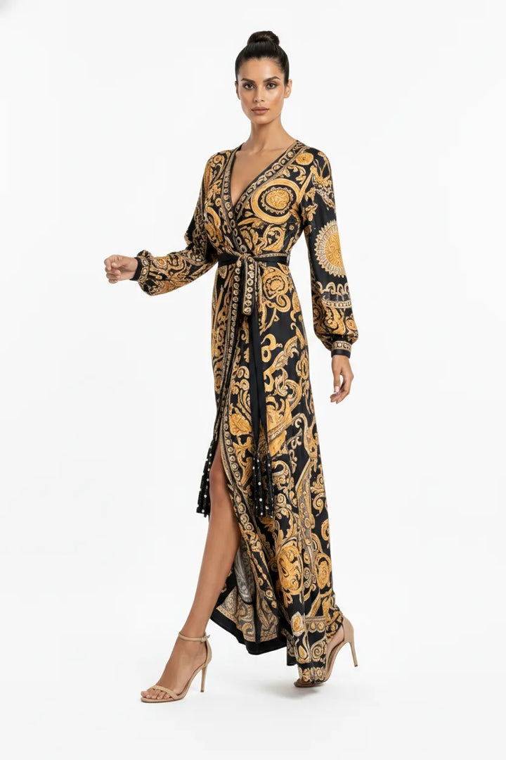 Golden yellow baroque-print wrap maxi dress on model in natural movement