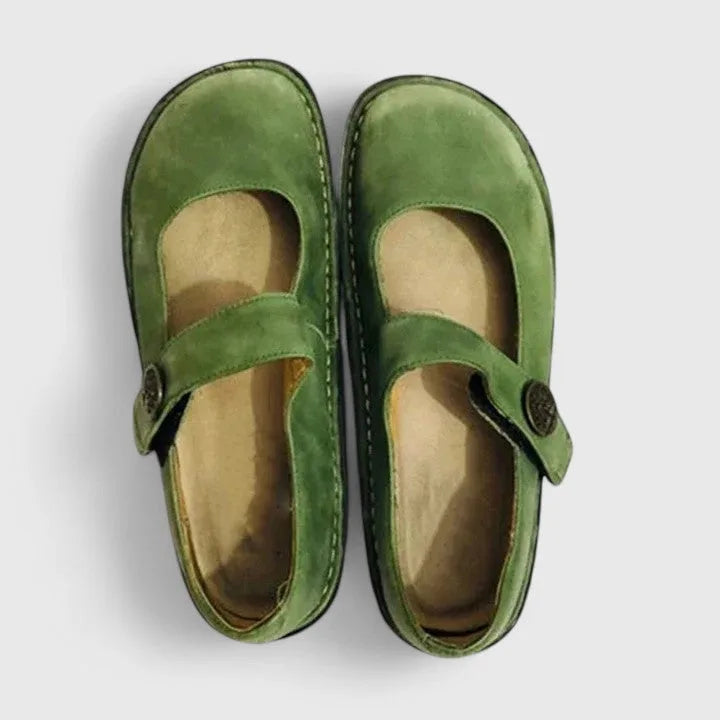 Green velcro strap mary jane shoe, close-up detail view