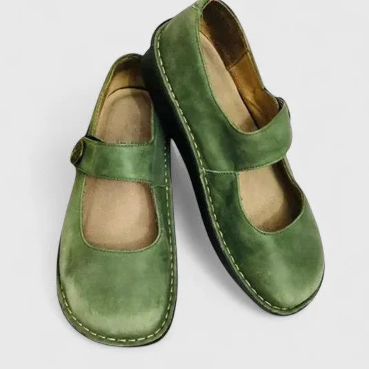 Green velcro strap mary jane shoe, front view