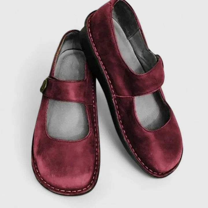 Red velcro strap mary jane shoe, three-quarter angle view