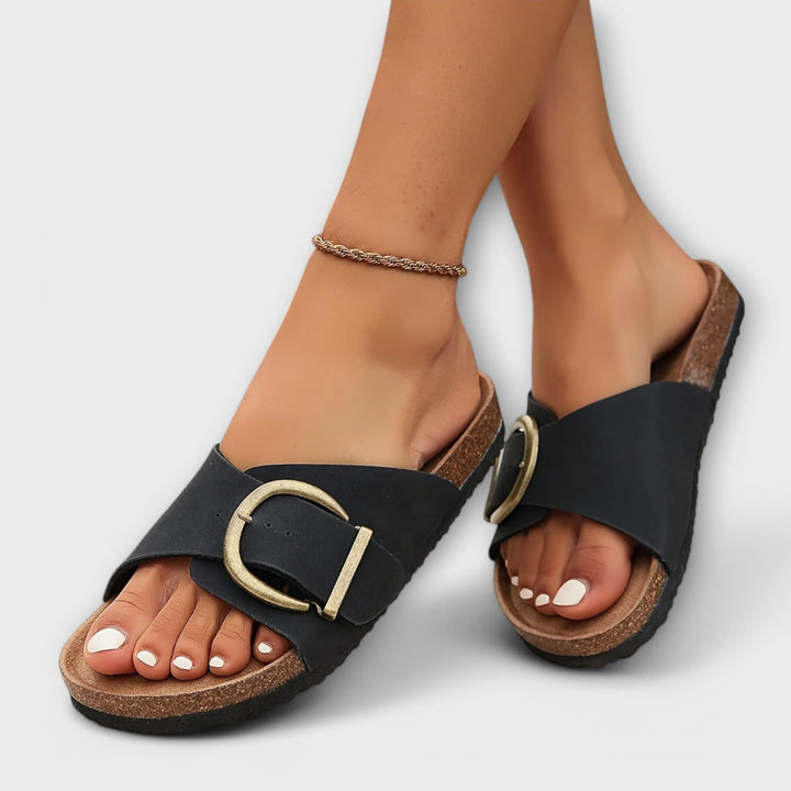 Black buckle slide sandal, front view