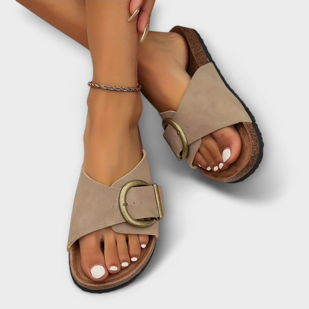 Khaki buckle slide sandal, front view