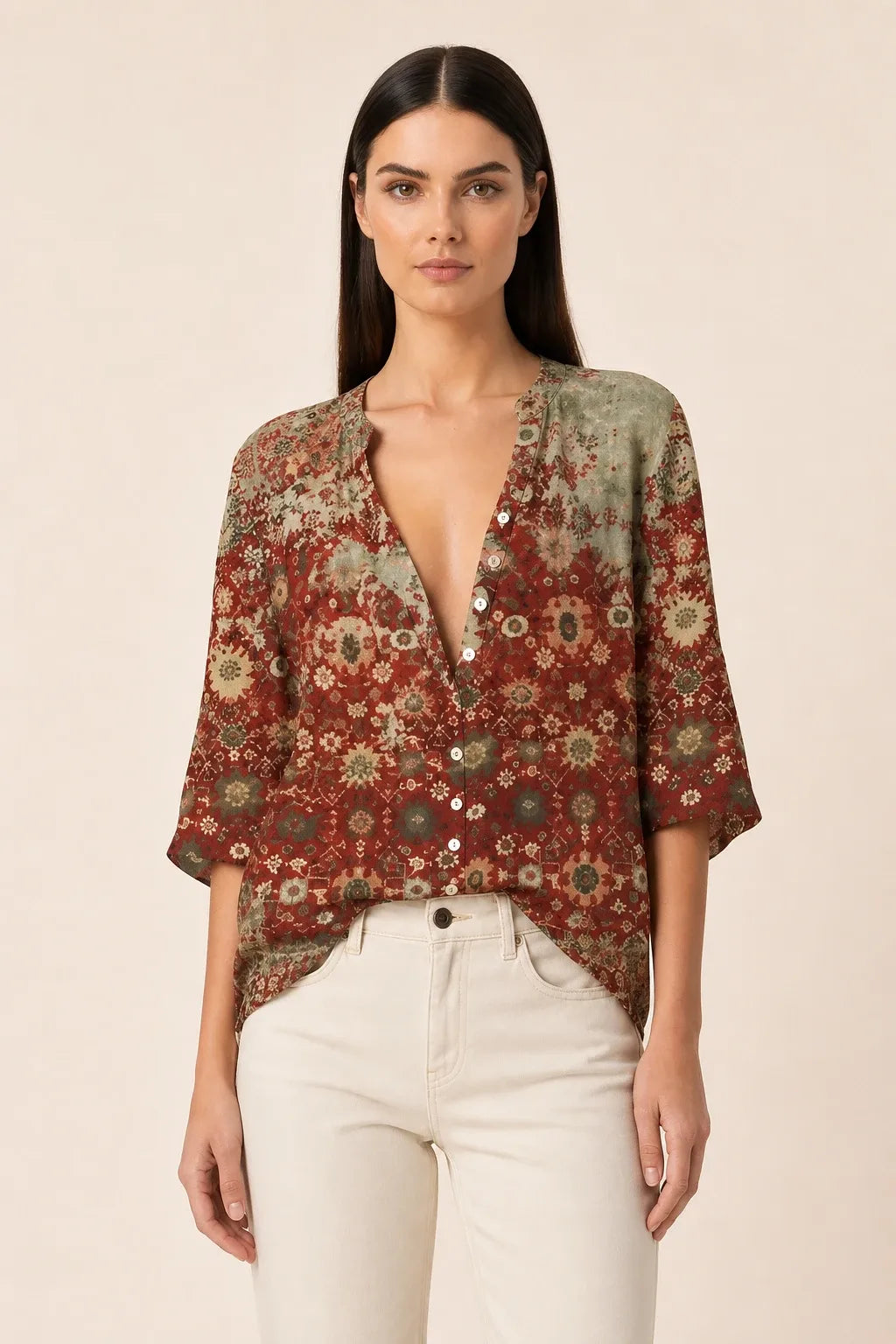 Brown floral blouse with balloon sleeves on a model in a contrapposto stance