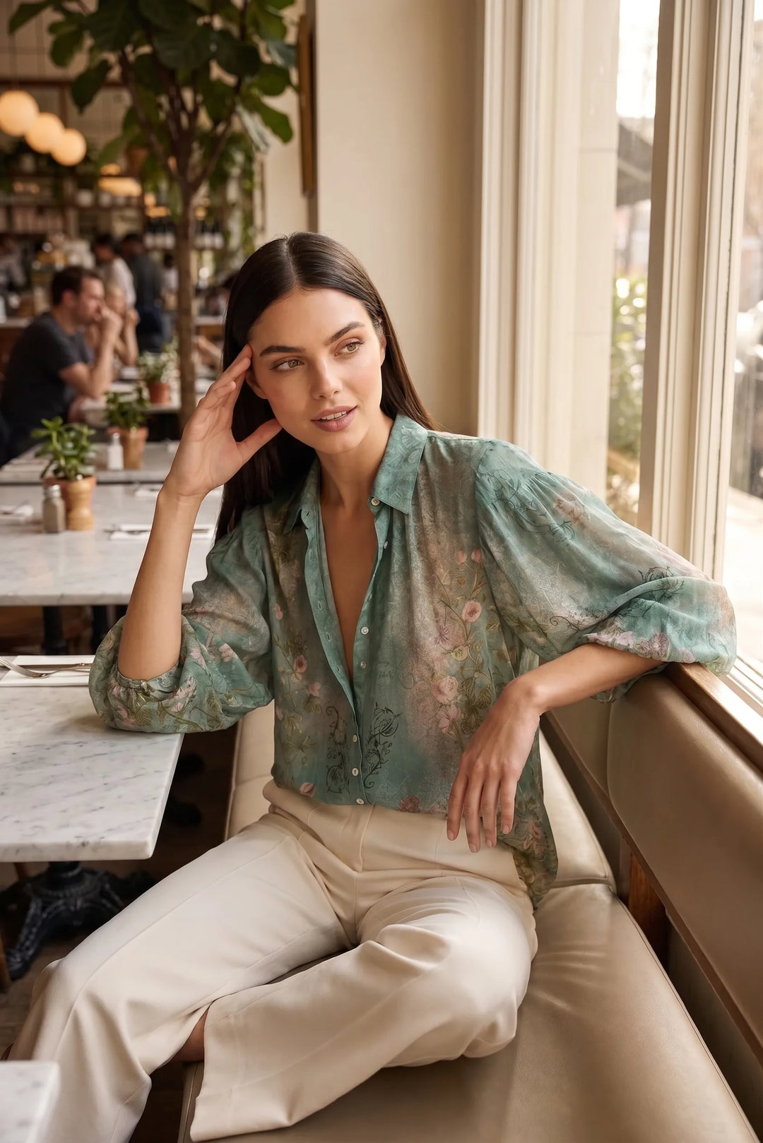Model styled in a green floral balloon sleeve blouse in an outdoor lifestyle scene