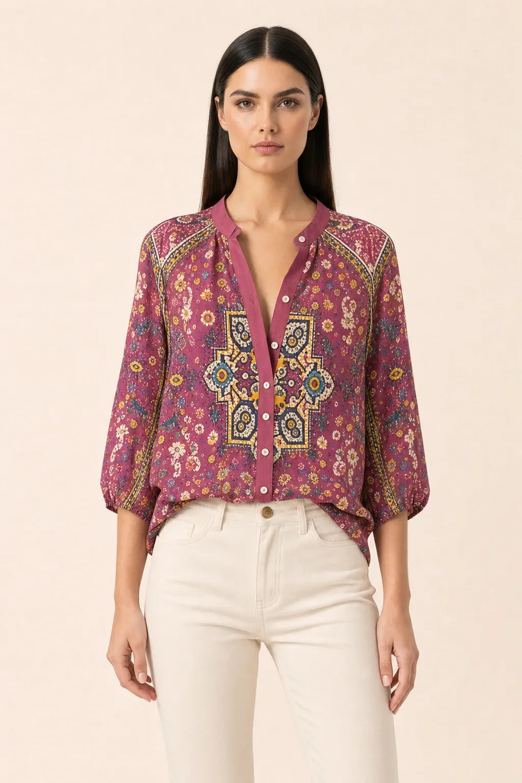 Red floral blouse with balloon sleeves on a model in a contrapposto stance