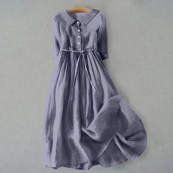 Lavender gray midi dress with Peter Pan collar on standing model