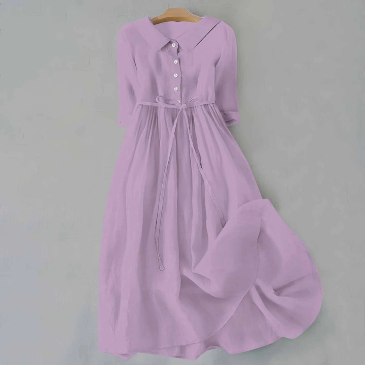 Purple Peter Pan collar midi dress on standing model