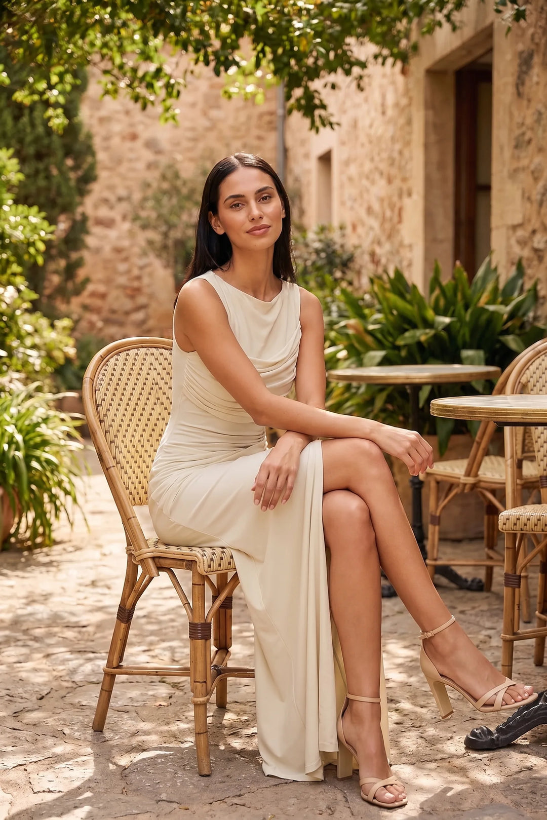 Model wearing white ruched open-back gown in outdoor lifestyle setting