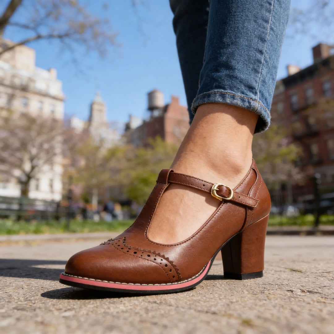 Black leather T-bar brogue pump styled on foot, showing fit and proportion