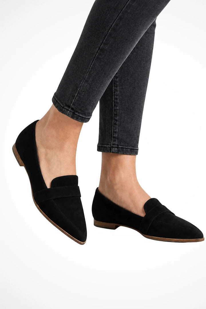 Black suede pointed toe loafer, front view
