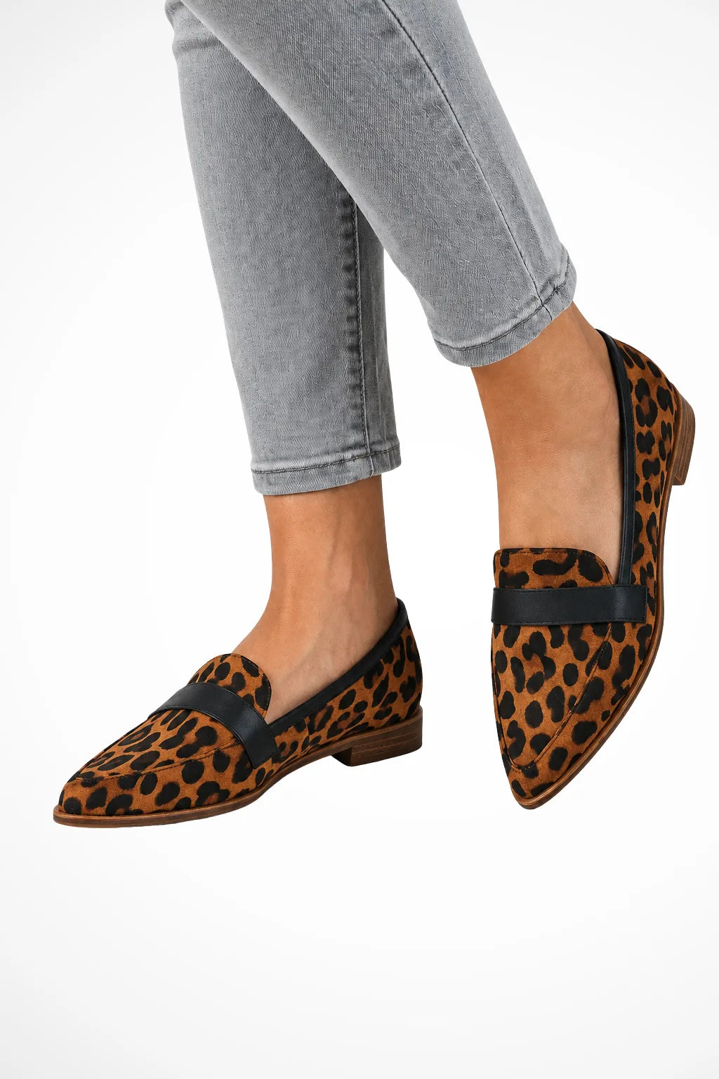 Brown suede pointed toe loafer, front view