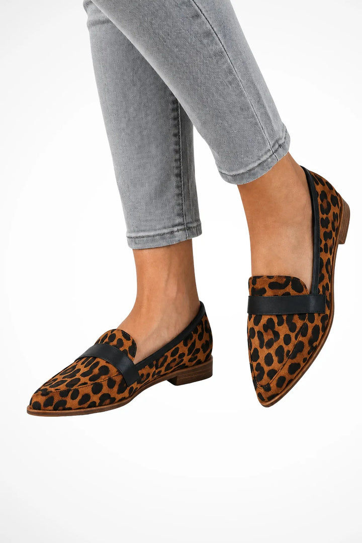 Brown suede pointed toe loafer, front view
